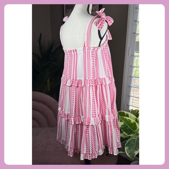 Crown & Ivy Pink White‎ Striped Tiered Ruffle Mini Dress Tie Strap XS - Picture 5 of 13